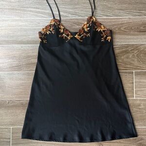 Black Slip Dress with Gold & Copper Floral Embroidery